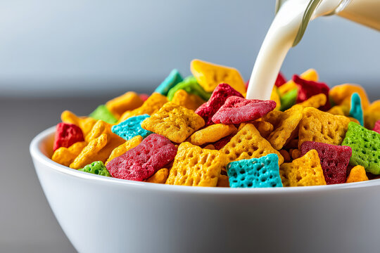 Colorful breakfast cereal made of natural grains with sliced fruit, milk pouring in slow motion, minimal white background. - Powered by Adobe