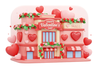 Valentines day themed mall building with hearts and flowers isolated on transparent background