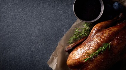Flat lay: Whole baked duck, dark surface, negative space for text, high detail, rich color