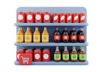 Shelves stocked with assorted beverages and a shopping cart icon isolated on transparent background