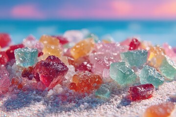 A vibrant collection of colorful rock candy crystals shimmering on a sandy beach with a dreamy ocean and sky backdrop, capturing the essence of summer.