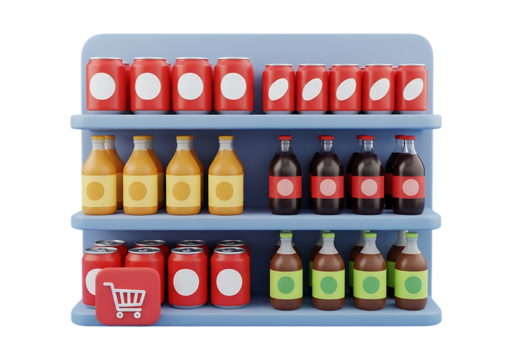 Shelves stocked with assorted beverages and a shopping cart icon isolated on transparent background