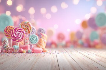 Colorful array of lollipops and sweets creating a vibrant and playful confectionary display, perfect for a celebration or festive occasion with a bokeh background.