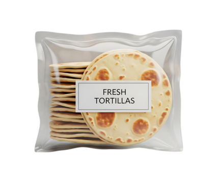 Stack of fresh tortillas in plastic packaging isolated on transparent background