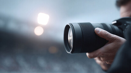 A photographer holds a professional camera with a telephoto lens, focusing on a distant subject. Ideal for illustrating journalism, photography, or capturing a moment.