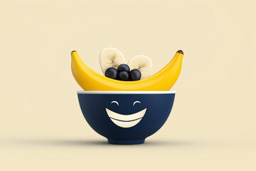 Cartoon illustration of a cheerful breakfast bowl with smiling oatmeal, blueberries and banana slices as eyes, bright pastel background. 