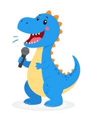 Naklejka premium Cute blue dinosaur singing into a microphone