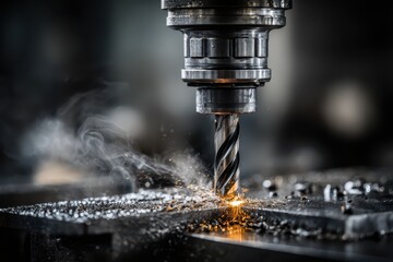 Close-up of a metal milling machine drilling into a metallic surface, creating sparks and producing smoke, representing precision and industrial manufacturing, dark background.