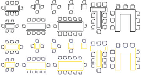 High-quality Design for conference tables and chairs in top view. Multiple meeting room layouts, dining table and seating plan Architectural floor plans, office design and interior layout presentation