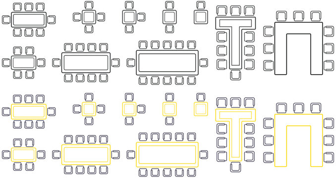 High-quality Design for conference tables and chairs in top view. Multiple meeting room layouts, dining table and seating plan Architectural floor plans, office design and interior layout presentation
