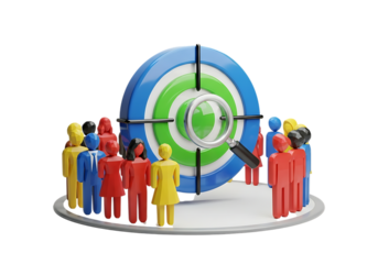 Target audience concept with magnifying glass and people isolated on transparent background