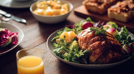 Celebration dinner: Family enjoying turkey, vegetable salad, fruits, orange drink on a dark wooden table, autumn meals, rich colors