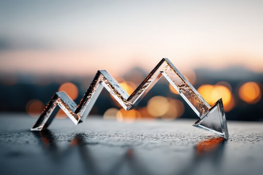 A transparent downward arrow reflecting on a dark wet surface against a bokeh background, representing financial decline and market crash with an economic downturn.
