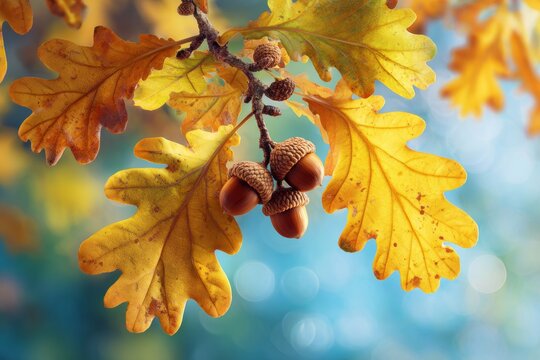 Golden oak leaves and acorns: nature's poetry in autumn sunlight. Glamour photo. Golden oak leaves and acorns: a portrait of autumn's warmth. Clean retouch. Advertising photo.