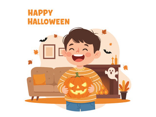 A cheerful vector illustration for Happy Halloween featuring a smiling boy holding a glowing jack-o'-lantern in a cozy, decorated living room with bats and falling leaves. Vector illustration.