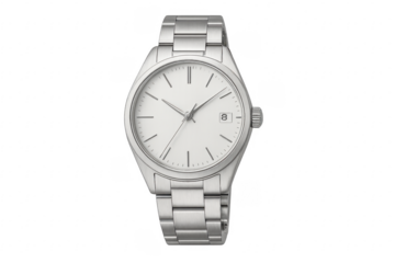 Stainless steel watch with white dial showing time