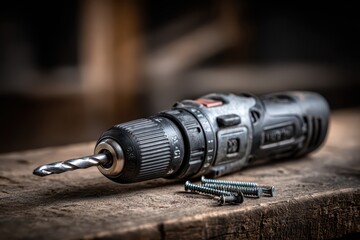 A cordless drill driver lies on a wooden surface with a drill bit attached and some screws, ready for a project or task needing precision and power in woodworking.
