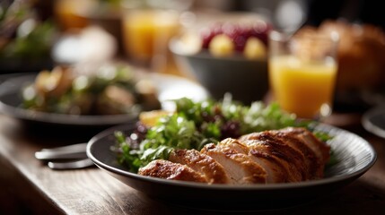 Thanksgiving festive table, friends eating roasted turkey, salad, fruit, orange beverage, dark rustic table, warm, inviting atmosphere