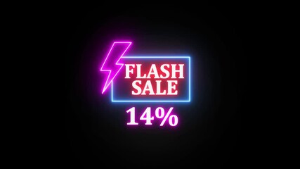 Flash sale neon light sign, purple and blue colors, Glowing neon line of FLASH SALE 14% sign banner for promo video. Shopping, great discount and clearance, social media, communication. - Powered by Adobe
