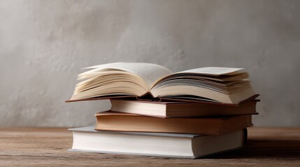 Open book on a stack of hardback books on a wooden table. Education background. Back to school. Free copy space.