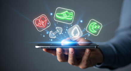 Persons hand holding a smartphone with glowing icons representing health and fitness, including a heart rate monitor, dumbbell, water drop, and sleep cycle, symbolizing a healthy lifestyle app