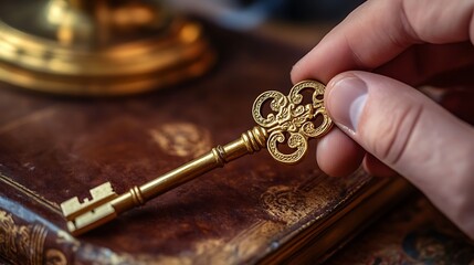 Elegant golden key unlocks secrets of knowledge on vintage book, offering timeless wisdom and opportunity, ideal for historical fiction or classic studies