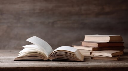 Back to school scene: An open book prominently displayed with other hardbacks on a classic wooden table. Clear area for custom text.