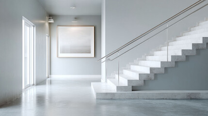 Fototapeta premium Minimalist interior featuring a stairway, natural light, and clean lines. Ideal for concepts related to architecture, home design, or contemporary living.