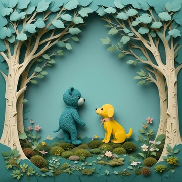 paper cut art cute bear dog doll forest background children theme