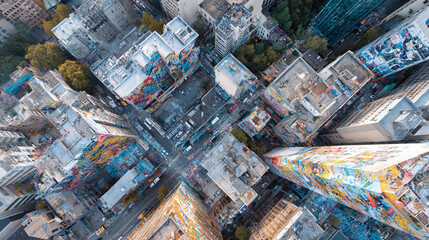 Aerial view of a vibrant citys buildings covered in colorful graffiti and street art. Symbolizes urban art, creativity, and city life. Perfect for travel, art, and design projects.