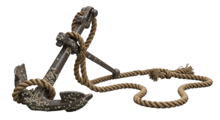 Old rusty ship anchor covered in barnacles and wrapped with thick rope isolated on transparent background