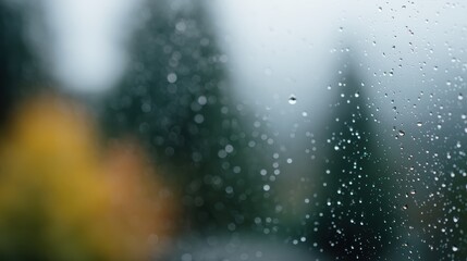 Obraz premium Window glass with a single rain drop, trees blurred in the background.