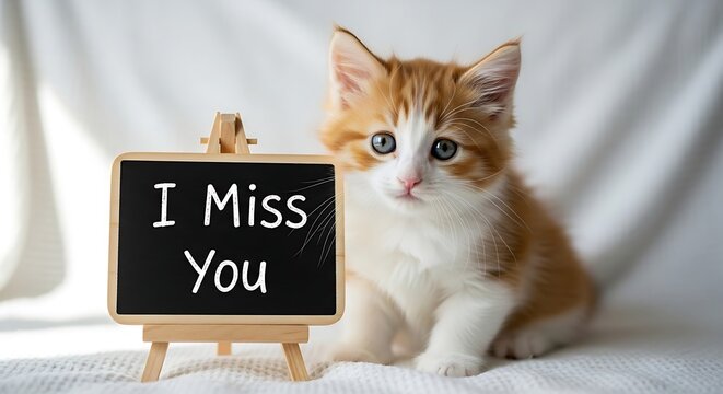 Cute kitten sitting next to a sign that says i miss you - Powered by Adobe