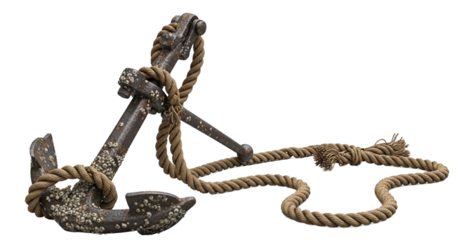 Old rusty ship anchor covered in barnacles and wrapped with thick rope isolated on transparent background