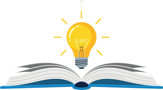 Bright idea symbolizing knowledge and innovation emerging from an open book flat design vector illustration isolated on transparent background