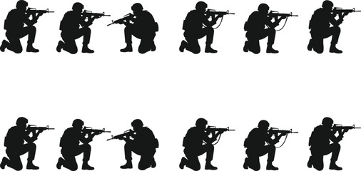 Kneeling soldier silhouette pattern, rifle aiming pose, military vector design, combat stance, black graphic, war themed illustration