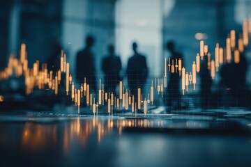 Abstract financial chart with uptrend line graph in stock market, with blurred silhouettes of businessmen in the background, creating a dynamic scene.