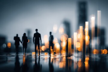 Abstract business concept with growth chart in front of people silhouettes, indicating business growth, success, and teamwork in an urban setting with bokeh effect.