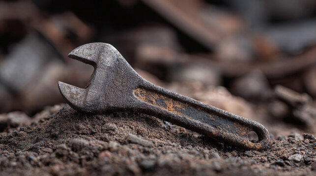 An old, rusty wrench rests on gritty soil. Symbolizing labor, repair, or forgotten industry. Evokes themes of craftsmanship, vintage tools, or restoration projects.