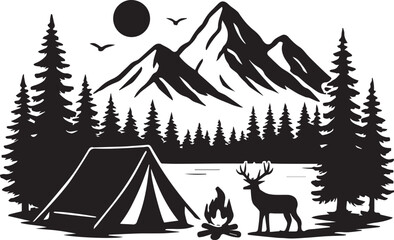 "Black and White Camping Scene with Tent, Deer, Campfire, Forest and Mountains – Outdoor Nature Adventure Illustration"