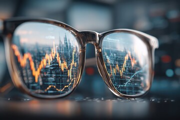 Cityscape reflected in glasses, with a stock market chart overlay, showing financial analysis and investment trends, symbolizing business and economic forecasting.