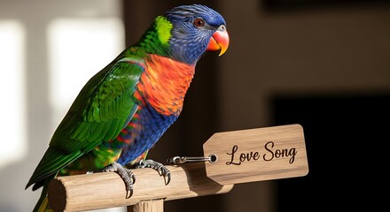 Rainbow lorikeet parrot with a love song tag on a perch