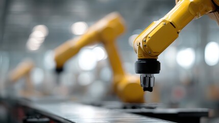 Fourth industrial revolution: Smart robot arms in a factory setting, illustrating automation and IoT software for operational control and digital production.