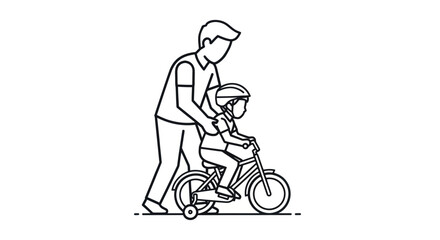 Father teaching child to ride a bicycle line art illustration.
