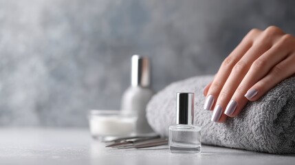 Grey grunge background: Female hands apply cuticle oil to nails, surrounded by manicure tools and a towel.