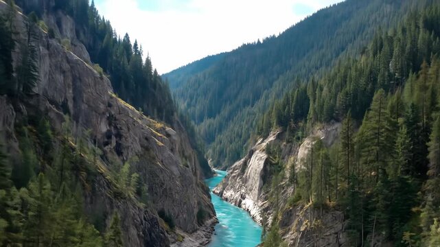 Aerial shot of a powerful mountain river cutting through rocks and forest &mdash; pure energy of untouched nature.