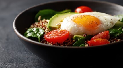 Close-up of ketogenic diet lunch, quinoa, avocado, egg, tomatoes, spinach, sunflower seeds, dark, vibrant, food recipe background