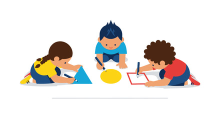 Three Children Drawing with Markers on Paper Creative Activity.