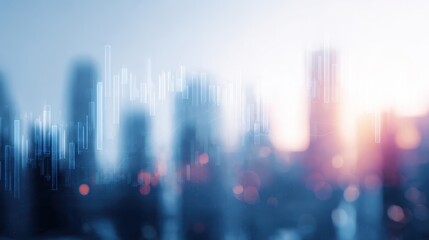 Stock market business concept: Modernistic urban landscape with skyscrapers, combined in a double exposure with financial graphs and digital indicators.