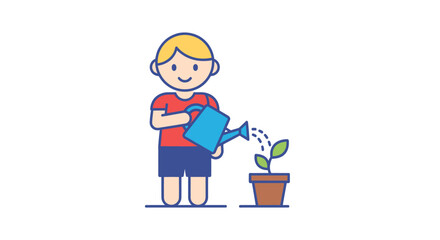 Cartoon Boy Watering Small Potted Plant with Blue Watering Can.